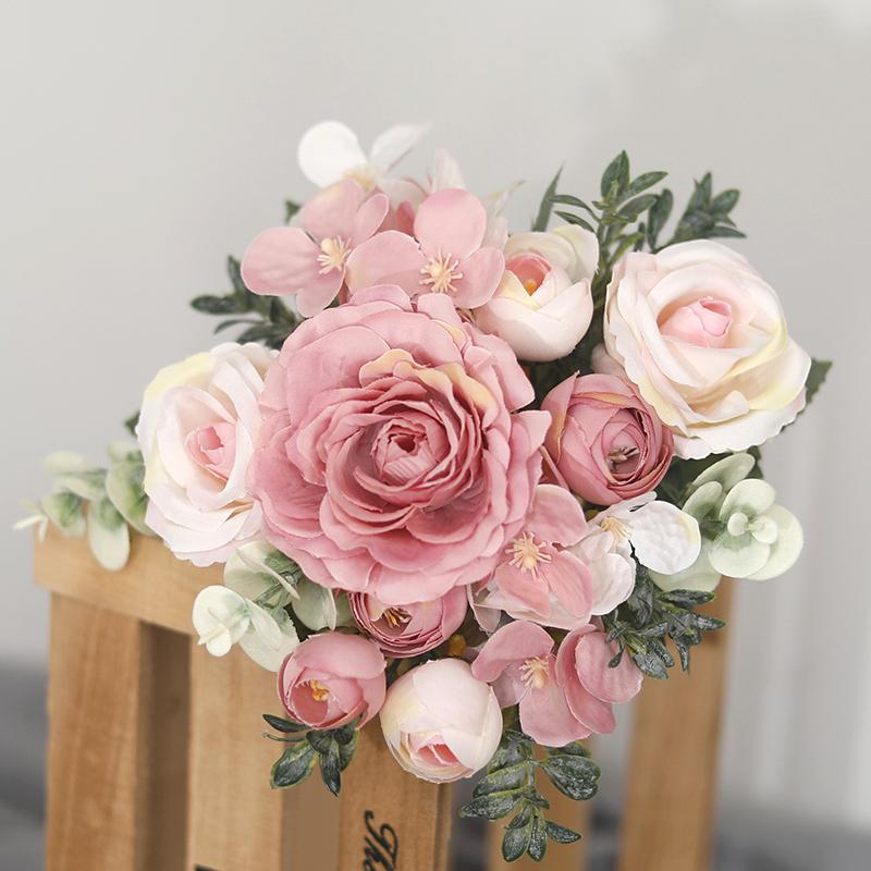 Artificial Flowers Decor 7 Heads Silk Peony Rose Hydrangea Bouquet Home Christmas Party Decorations Wedding Bride Fake Flowers