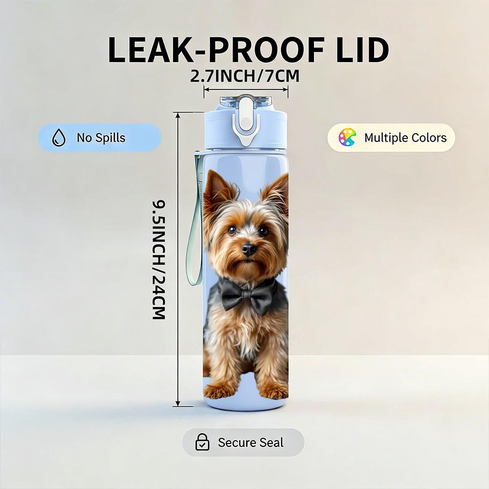 1PC Bow Tie Yorkshire Dog Print 750ml Color Plastic Sports Water Bottle Leakproof Flip Straw Lid Suitable for Sports Office Home Use