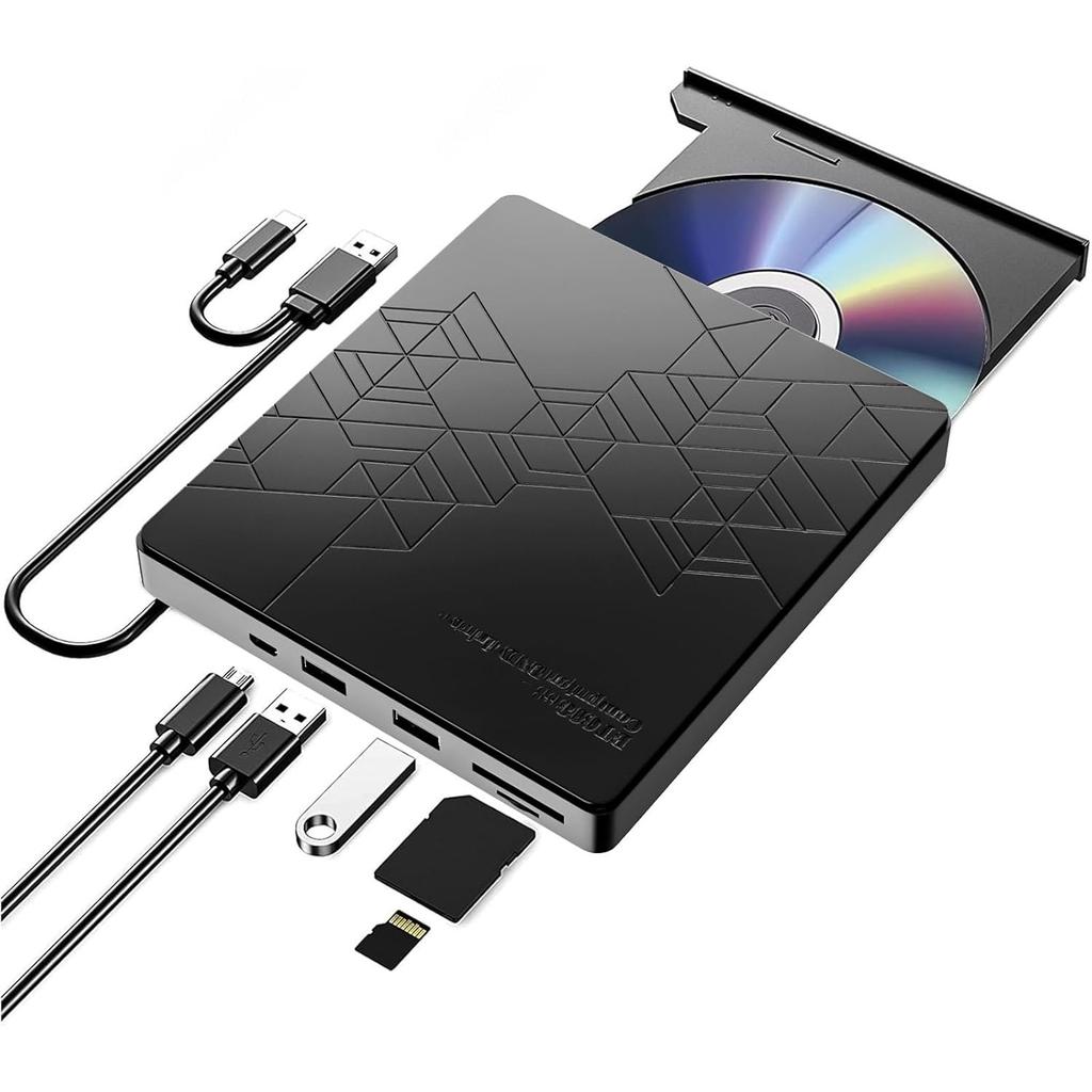 Внешний CD/DVD-привод, USB 3.0 DVD CD-резак с 2 портами USB и 2 слотами для карт TF/SD, DVD-плеер для ноутбука, Mac, ПК, Windows 11/10