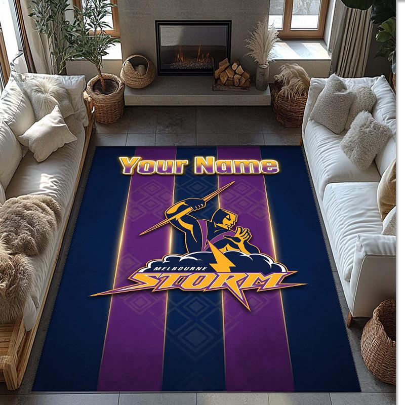 Melbourne Storm Crystal Velvet Rug, Custom Name Text Personalized Non‑Slip Floor Mat for Home Decor Gift
