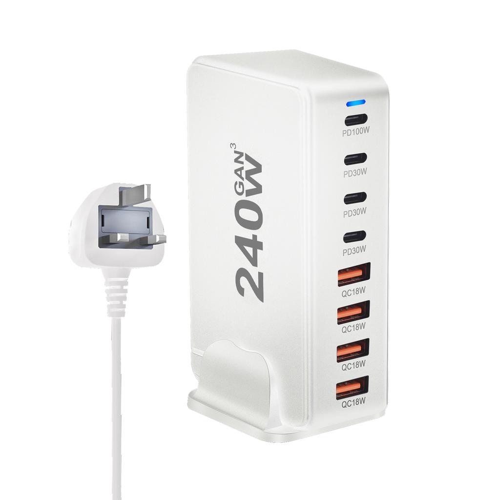 240-ваттное настольное GaN-зарядное устройство с 8 портами USB-C, поддерживает быструю зарядку PD 3.0, компактное и портативное