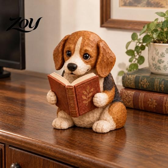 Decorative Bookend Companion Reading Dog Figurine, Cute Book Loving Puppy Sculpture for Bookshelf Lover Gift Nook Desk, and Lovers Unique Readers
