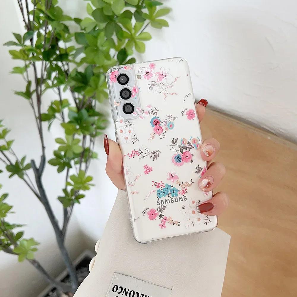 Милый Чехол для Телефона с Рисунком Цветов для Samsung S25 S24 S22 S21 FE Ультра Прозрачные Силиконовые Чехлы для Samsung Galaxy S23 Plus Ultra
