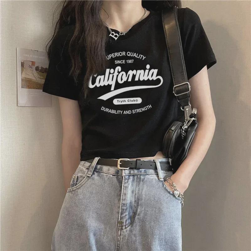Women's Slim Fit White Letter Cotton T-Shirt - 2024 Summer Trend