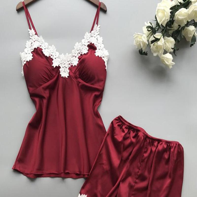 Женский кружевной пижамный комплект шелковый с оборками сексуальный из 2 предметов с пижамными шортами сатиновый летний короткий набор для сна для дам