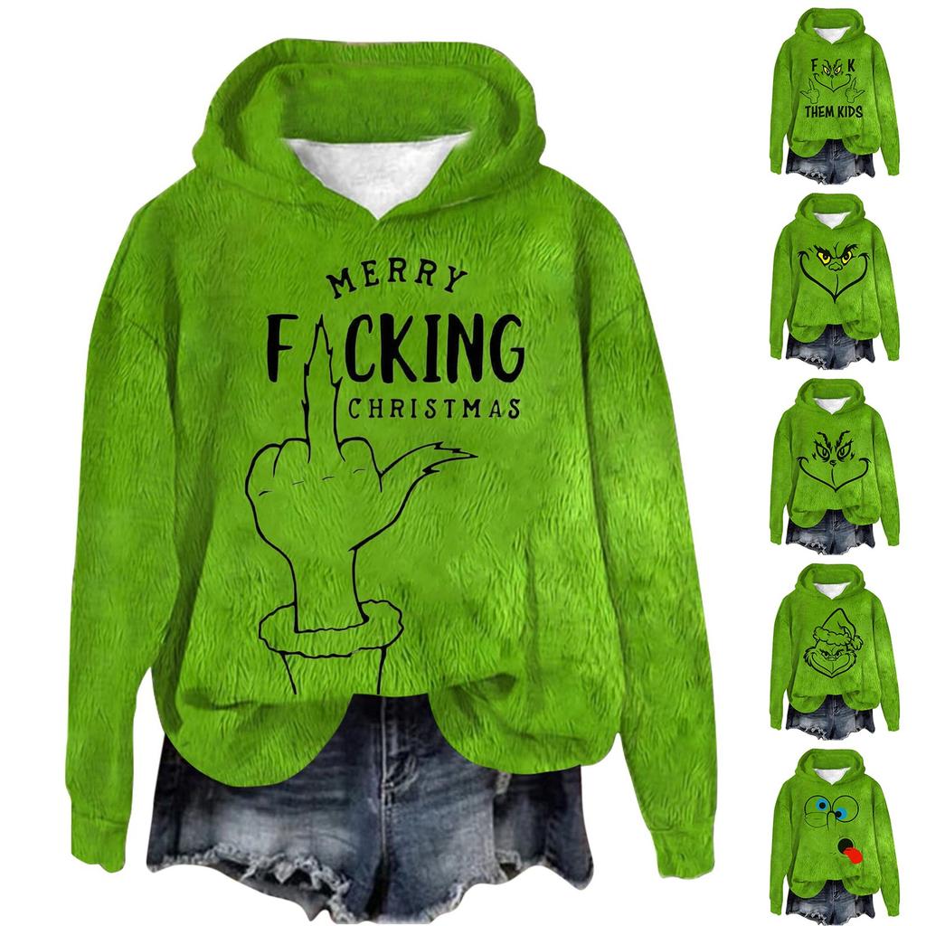 Women's Hooded Long Sleeve Christmas Printed Flannel Top Hooded Sweatshirt