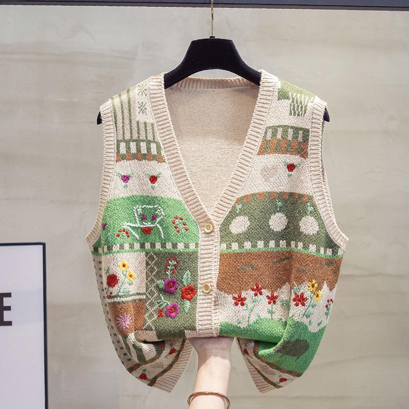 V-neck Knitted Cardigan Vest Vest Women's Autumn Loose Outer Wear Vest Graffiti Wool Waistcoat