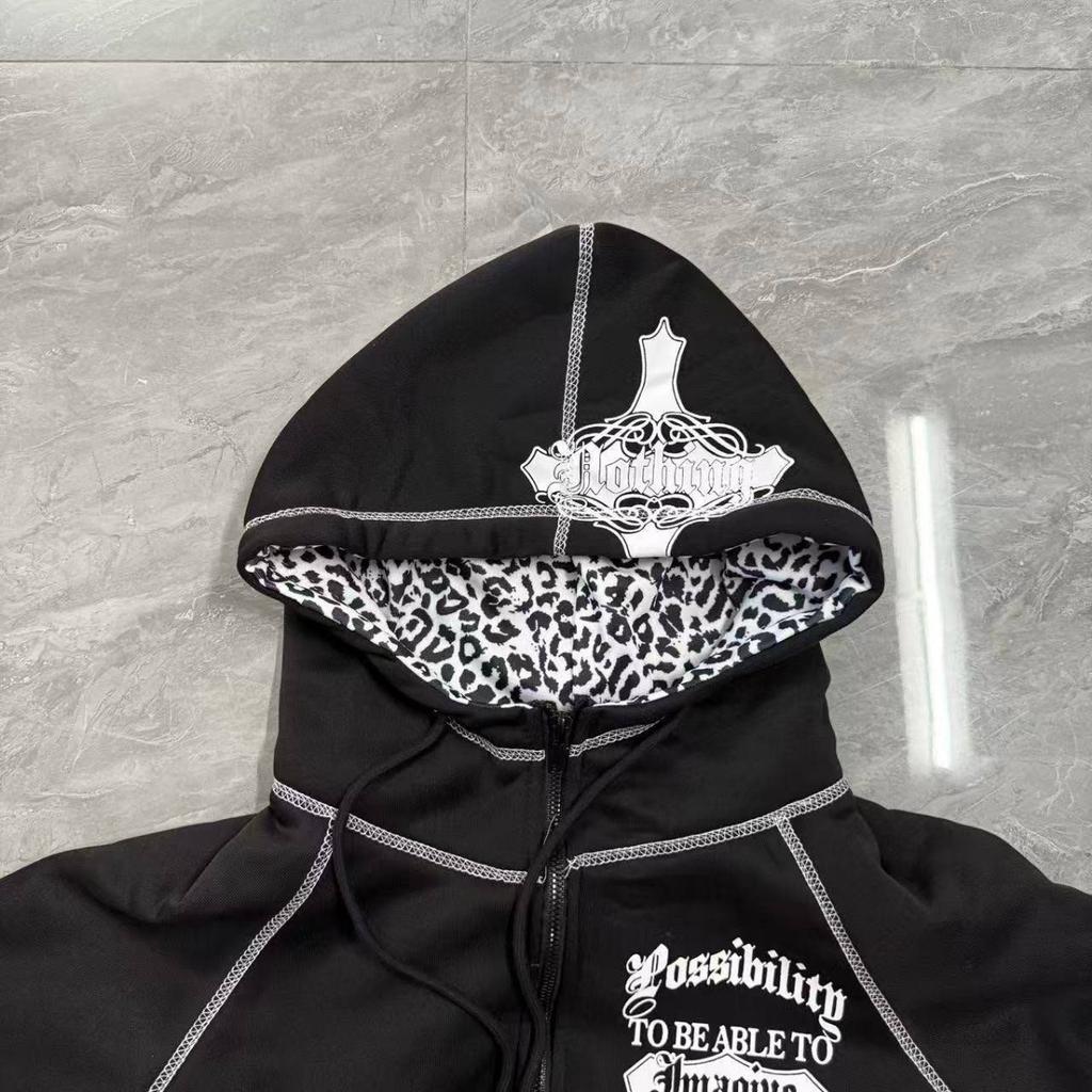 Gothic Punk Leopard Print Hoodie Harajuku Retro Slim Fit Spicy Girl Multifunctional Zipper Hoodie Hip Hop Fashion Sportswear