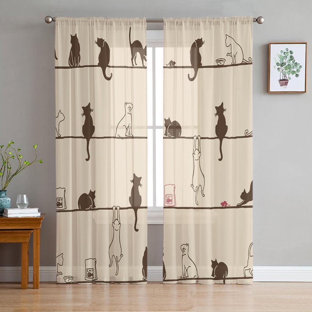 Cartoon Animal Cat Sheer Voile Curtains for Living Room Bedroom Printed Tulle Window Curtain Luxury Home Balcony Decor Drapes