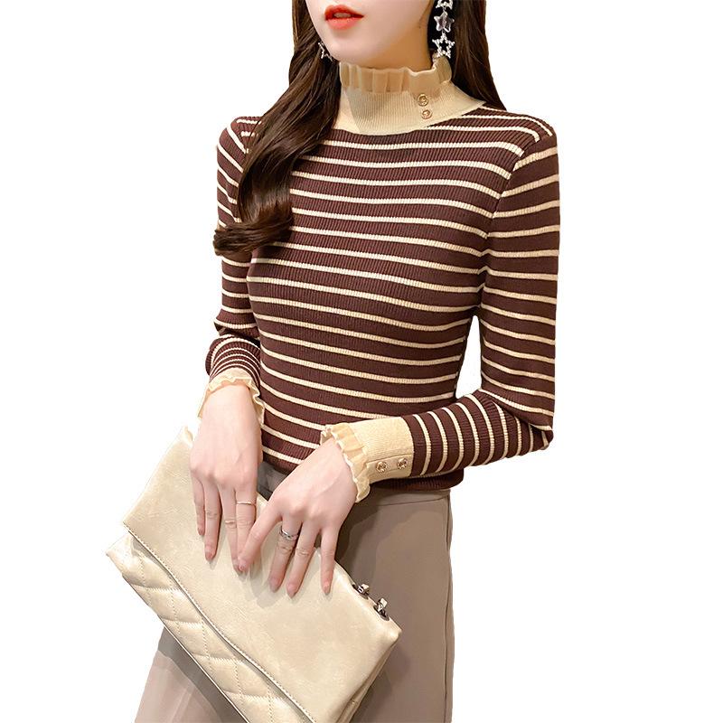 Women's Minimalist Mesh Sweater with Lace, Half Turtleneck, and Striped Knit Long Sleeves - Autumn/Winter Top