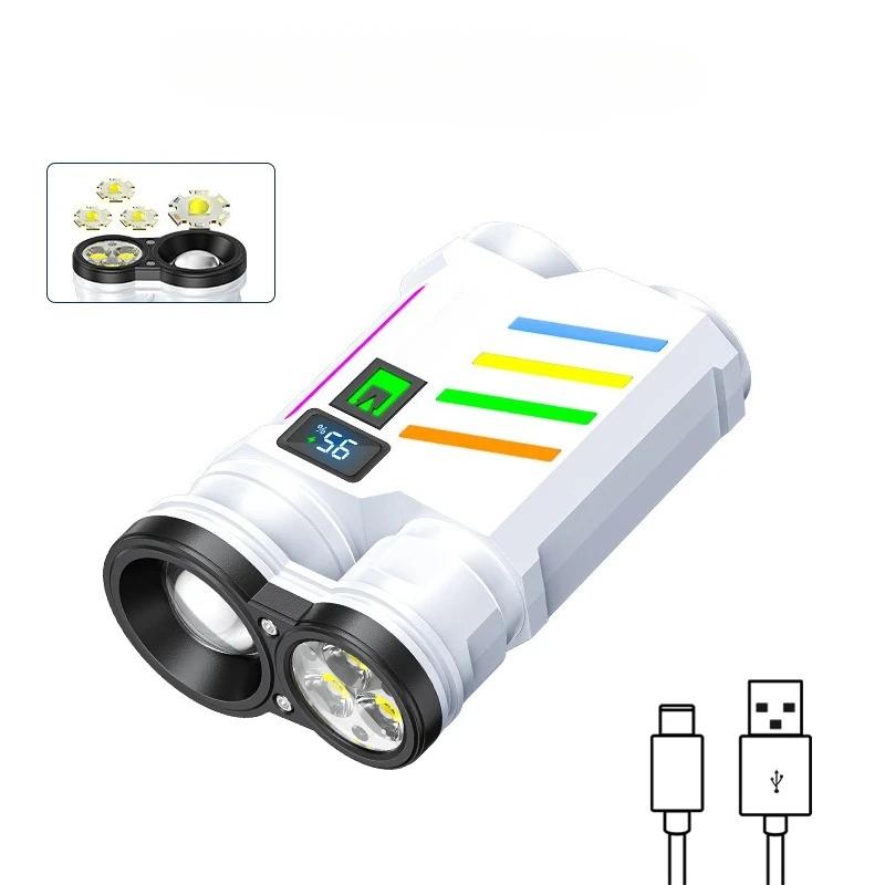 Светодиодный фонарик с двойным источником света, перезаряжаемый через USB, яркий прожектор, походный фонарь, 5 режимов, аварийная рабочая лампа, встроенный аккумулятор