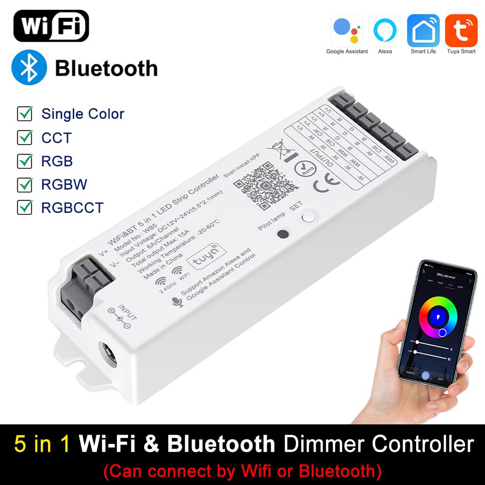 5-в-1 Контроллер Tuya Zigbee Wifi Умный светодиодный диммер 2.4G RC Поддержка Alexa Google Assistant для 12В 24В CCT RGB RGBCCT COB ленты