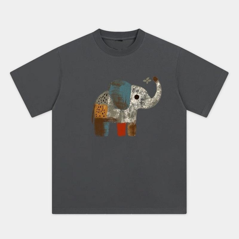 ZAZOMDE Vintage Patchwork Elephant Graphic Tshirt Hand Drawn Color Block Animal Print O Neck Oversized Loose Unisex Summer Tees