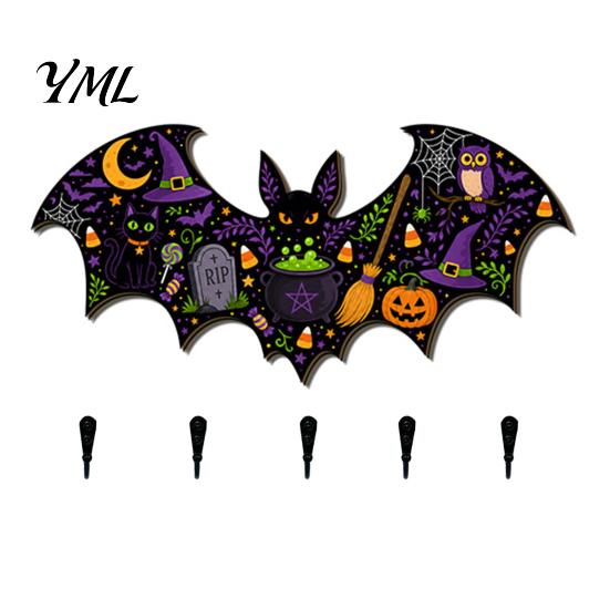 Wood Key Rack for Wall Halloween Bat Shaped Wooden Hook, 2D Mounted Hanging Decor with Entryway Organizer Hooks Pumpkin Ghost Witch Pattern,