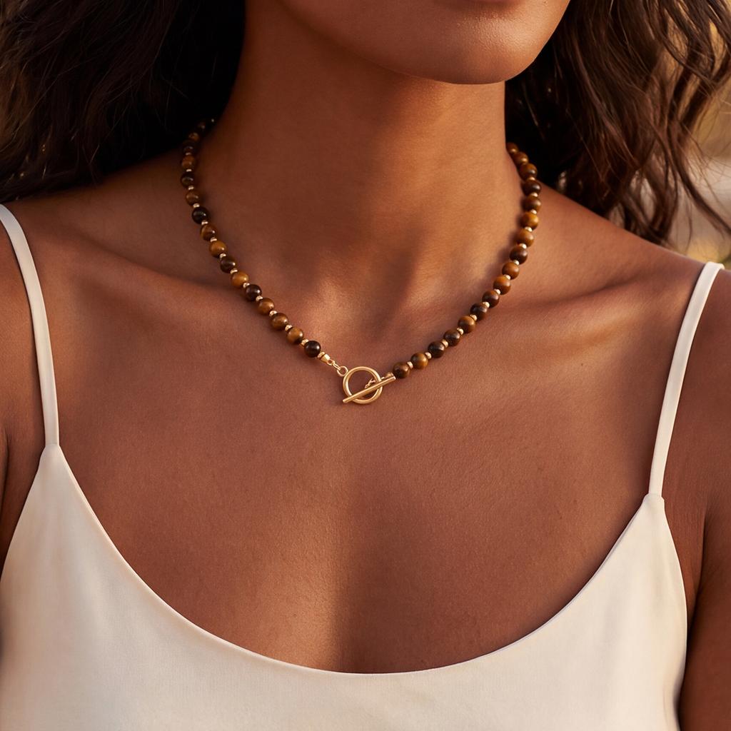 Natural Tiger Eye Beaded Heart Pendant Necklace for Women Vintage Gold Color Love Clasp Boho Choker Trendy Jewelry Birthday Gift1
