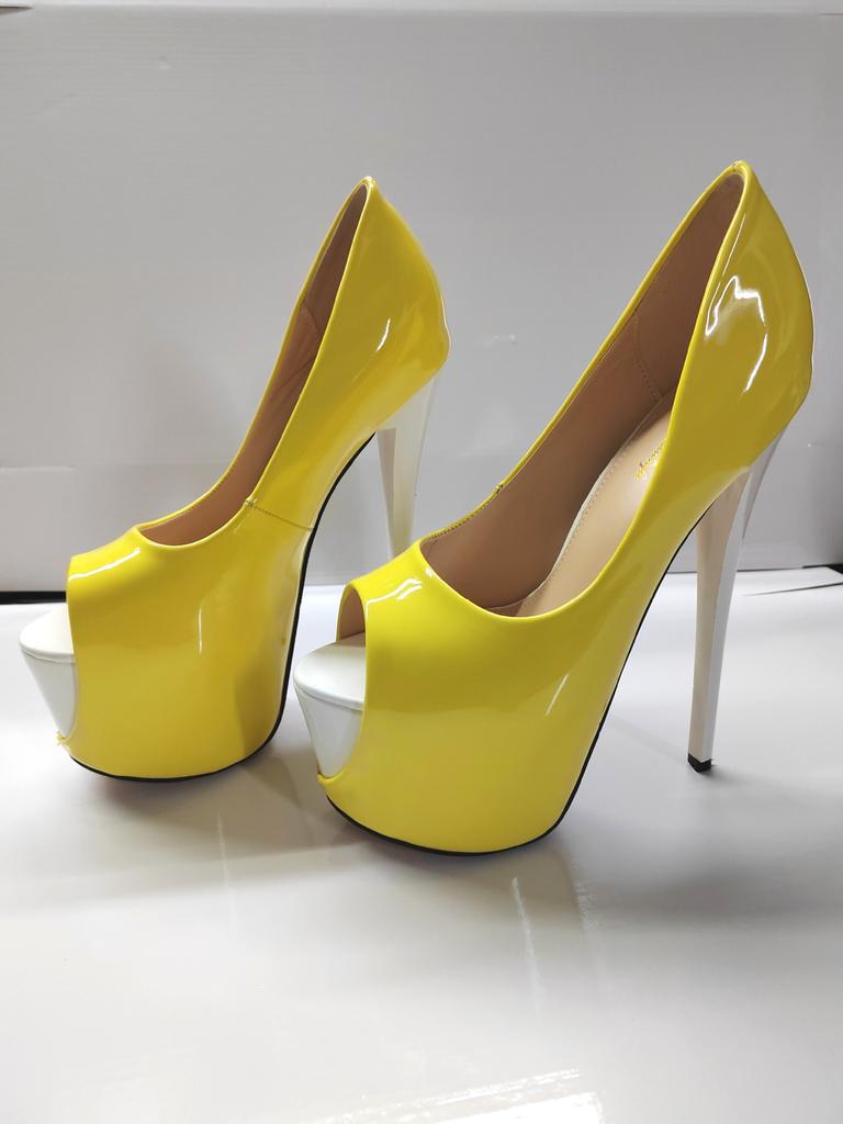 2026 новый цвет сочетание внешняя высота тонкий каблук 19 см конфетный цвет лакированная кожа рыбий рот большой размер женская обувь ненависть небо высокие каблуки