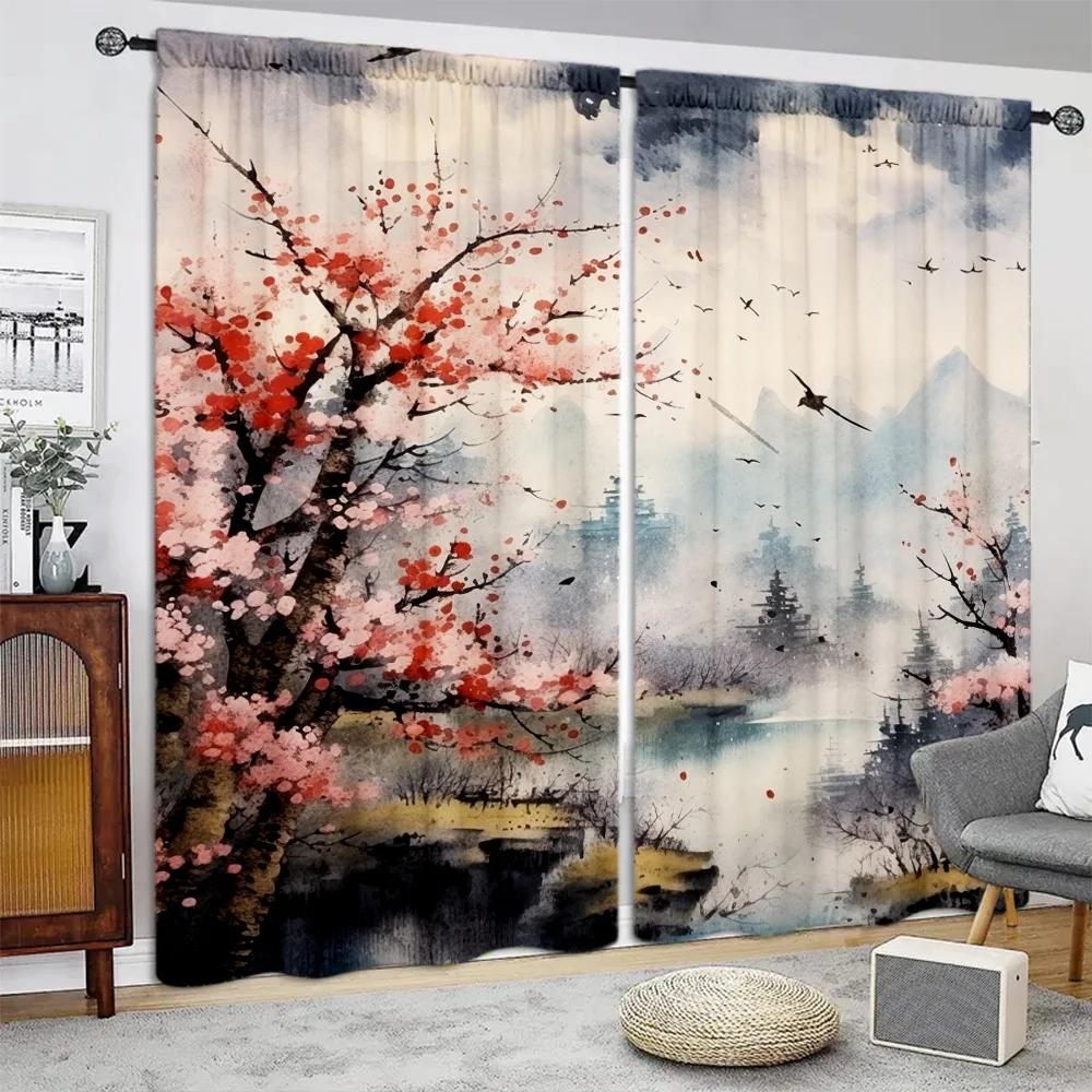 2pcs Chinese Mountain Lnk Painting Print Curtain, Digital Printing Curtains for Living Room Bedroom Kitchen Study, Home Decor