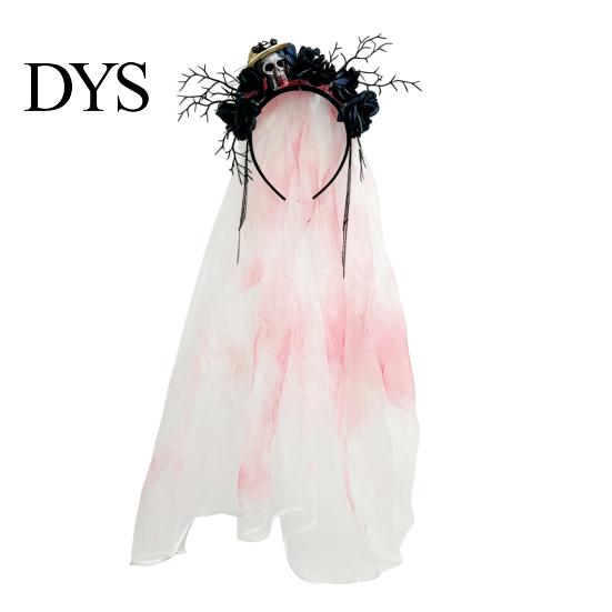 Halloween Ghost Bride Costume Gothic Flower Headband with Veil, Spooky Black Rose Dead Branch Skull Headpiece, Witch Hair Band Day of The Bridal Veil