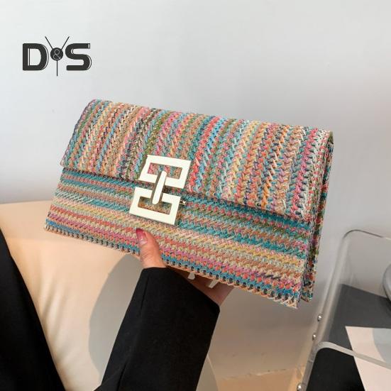 Women Clutch Bag Envelope Shape Bohemian Style Foldable Double-layer Straw Braided Solid Color Portable Summer Beach Vacation Handbag