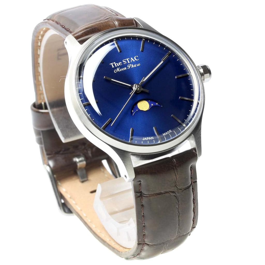 Часы STAC Made in Japan Domestic Watch 36 мм, старинные, ретро, унисекс, с полосой фаз Луны, сине-коричневые, из крокодиловой кожи [The Stack] мужские, женские, ST-MF001