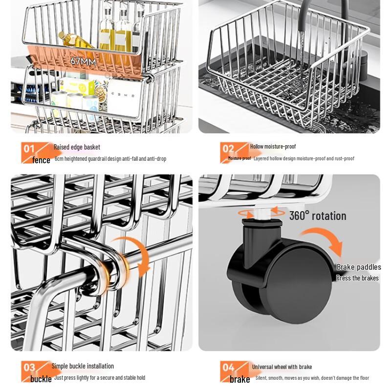 Подвижная кухонная тележка для хранения из нержавеющей стали Найцзян
