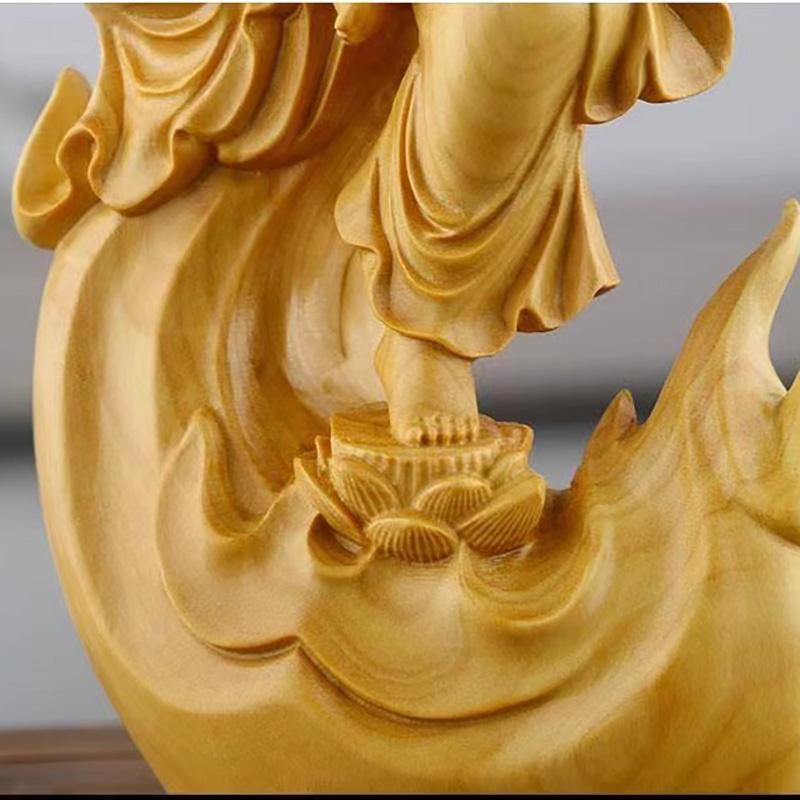 Natural Cypress Guanyin Decorative Figures Statue Solid Wood Carved Chinese Buddha Statues Home Room Office Feng Shui Art Statue