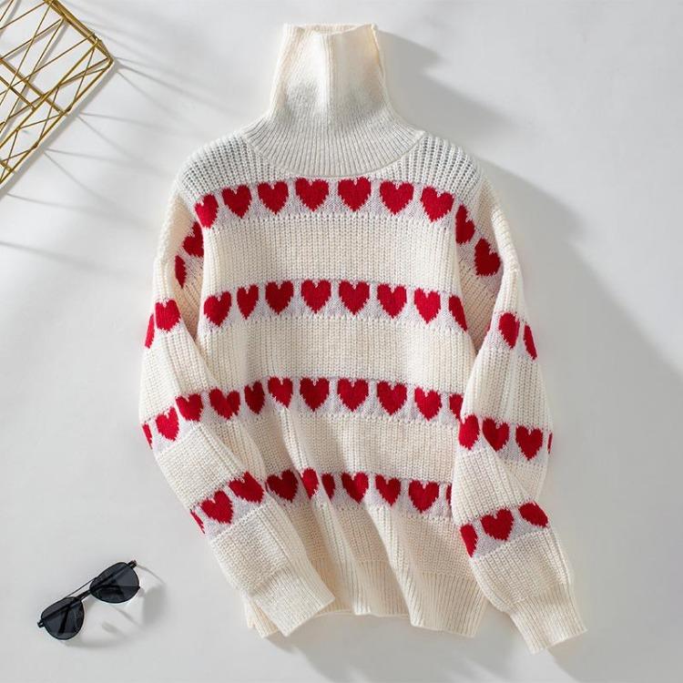 Vintage Heart Print Loose Knitwear Cardigan Stand Collar Sweater Long Sleeve Top for Autumn Winter