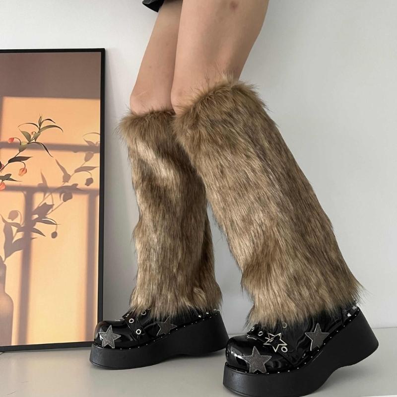 Womens Furry Party Costume Sexy Y2K Faux Furs Fuzzy Long Boots Shoes Cuffs Cover Leg Warmers/Boot Sleeves/Boot Covers