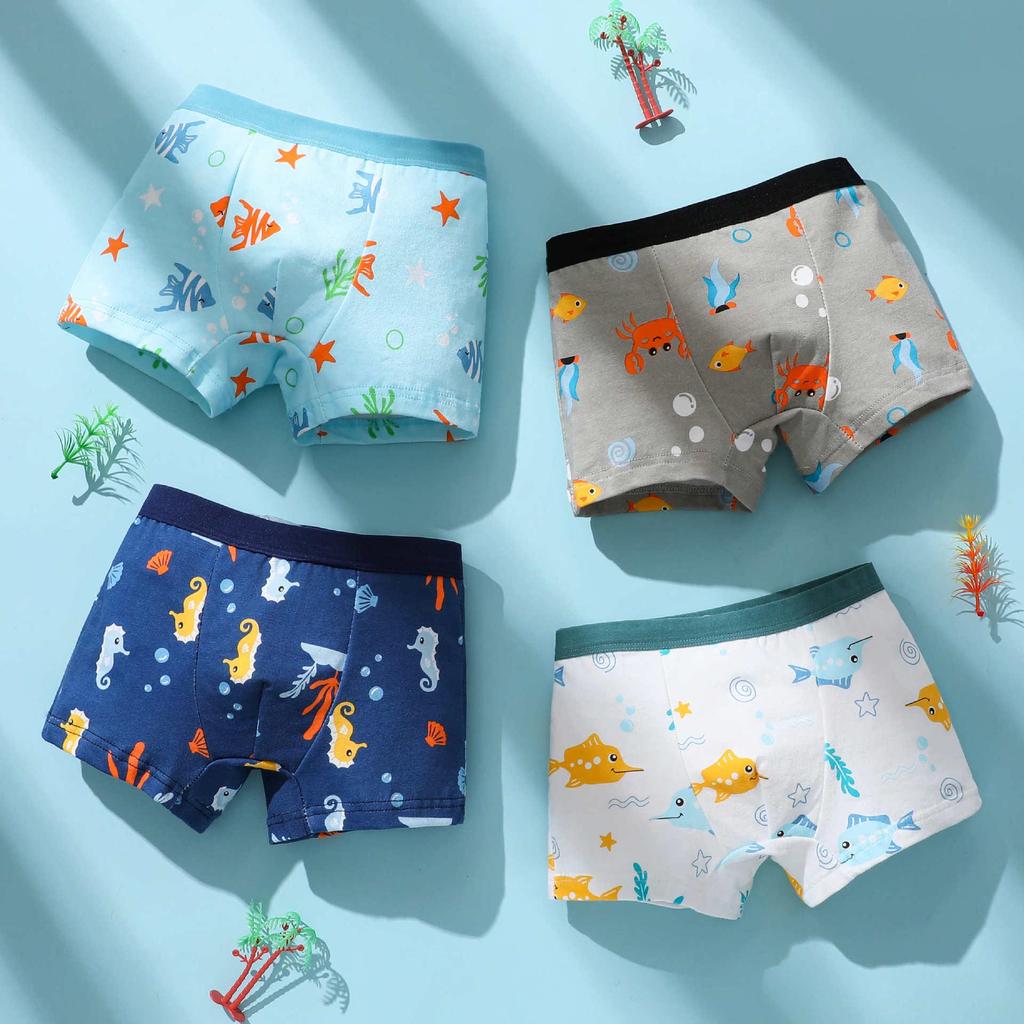 Набор из четырех боксеров-брифов из чистого хлопка для мальчиков: Маленькое, Среднее, Большое Мультяшное Нижнее Белье