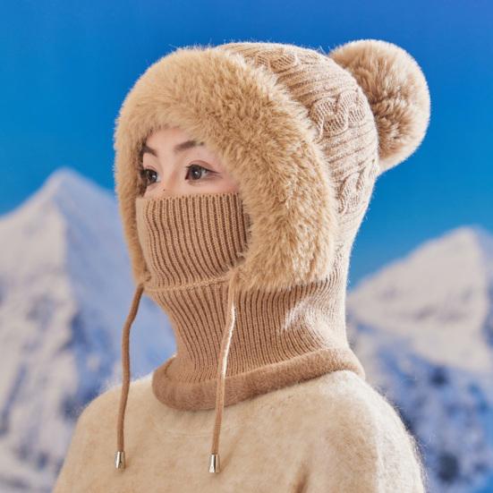 Вязаная шапка женская ветрозащитная утепленная зимняя шапка с плюшевым помпоном 3-в-1 утолщенная шапка защита лица шарф