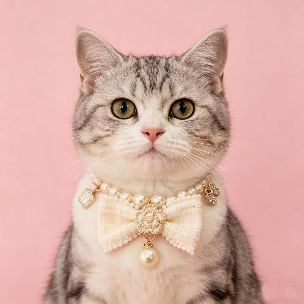 Pet pearl necklace, cat and dog collar, small, elegant bowknot style, vintage, luxurious, camellia flower, rhinestone embellishments