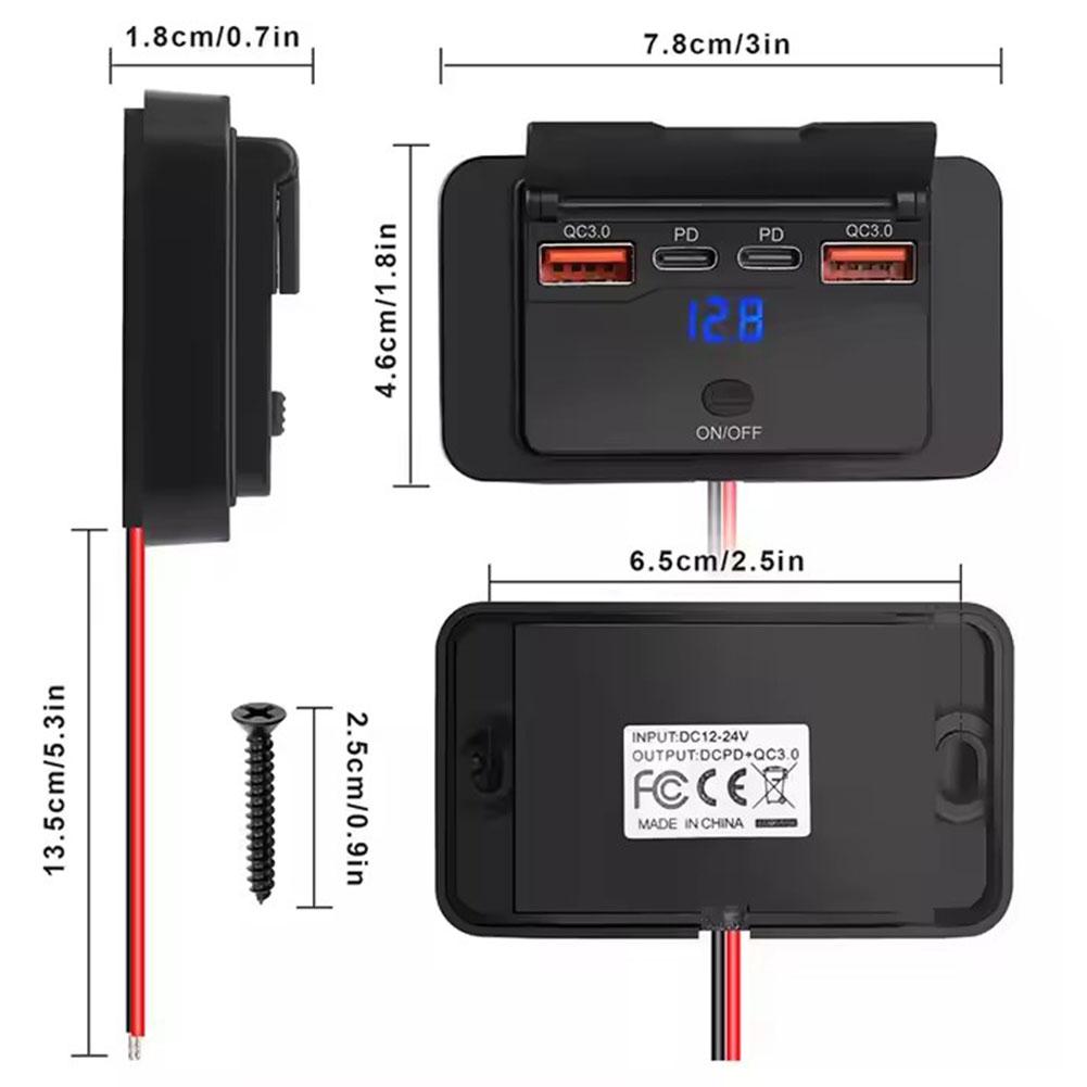 12-24В 4-портовый автомобильный USB-адаптер-розетка 108 Вт USB-C панель розетки настенный монтаж со светодиодным вольтметром для автобуса, дома на колесах, лодки, автомобиля, грузовика