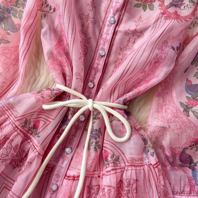 Летнее Пляжное Длинное Платье Женское Лацкан Длинный Рукав Фонарик Цветочный Принт Пояса Шнуровка Шифон Свободные Платья