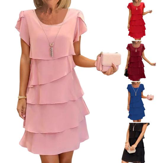 Женское шифоновое платье с оборками по краю, круглым вырезом, короткими рукавами, многослойным дизайном, летнее платье миди, повседневная одежда