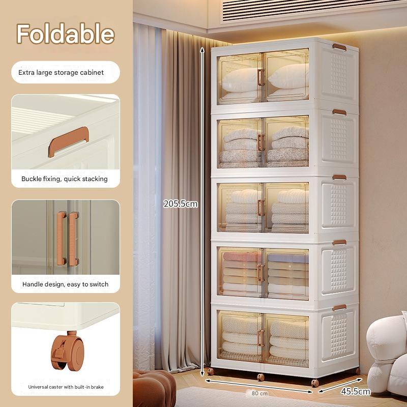 Stackable Storage Bins with Lid, Plastic Collapsible Storage Cabinet, Foldable Folding Box Organizer/Storage Container Cart with Wheel and Double Door