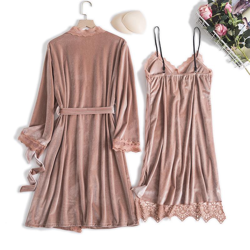 Велюровый кружевной халат, ночная рубашка Femme Twinset, свадебный халат, комплект с v-образным вырезом, одежда для сна, повседневный сексуальный домашний халат, одежда для дома