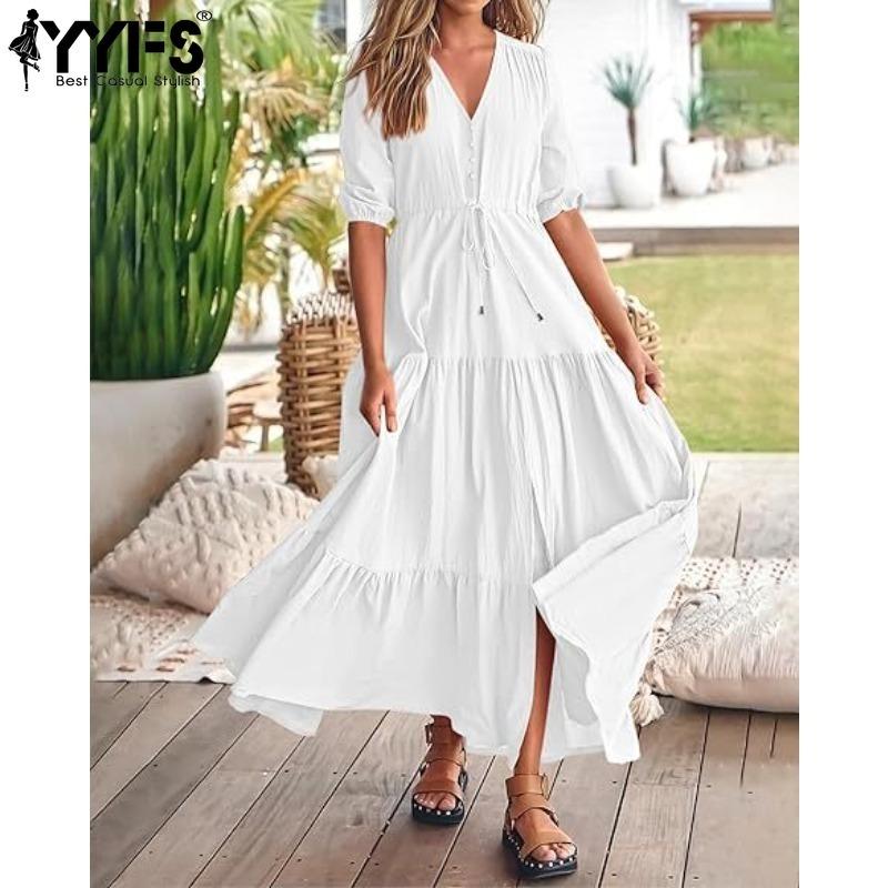 YYFS Women's Fashion Summer Spring Solid Color Print Short Sleeve V-Neck High Waist Casual Dresses
