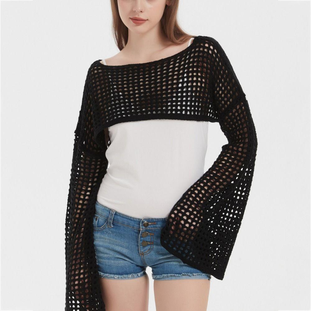 Soft Round Neck Shrug Pullover Y2K Women Crochet Crop Top Fashion Knit Hollow Out Crop Top Beach