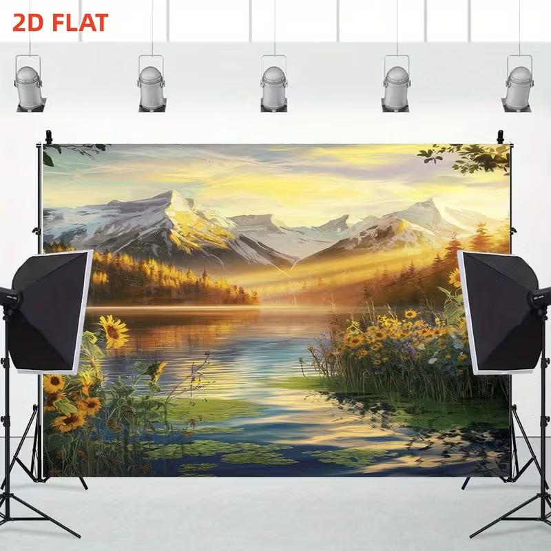 2D Printed Sunflower Lake Backdrop Snowy Mountain & Sunrise Background Cloth