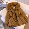 Women Autumn Winter Fur Collar Long Sleeve Solid Color Drawstring Parka Hooded Chic Warm Coat