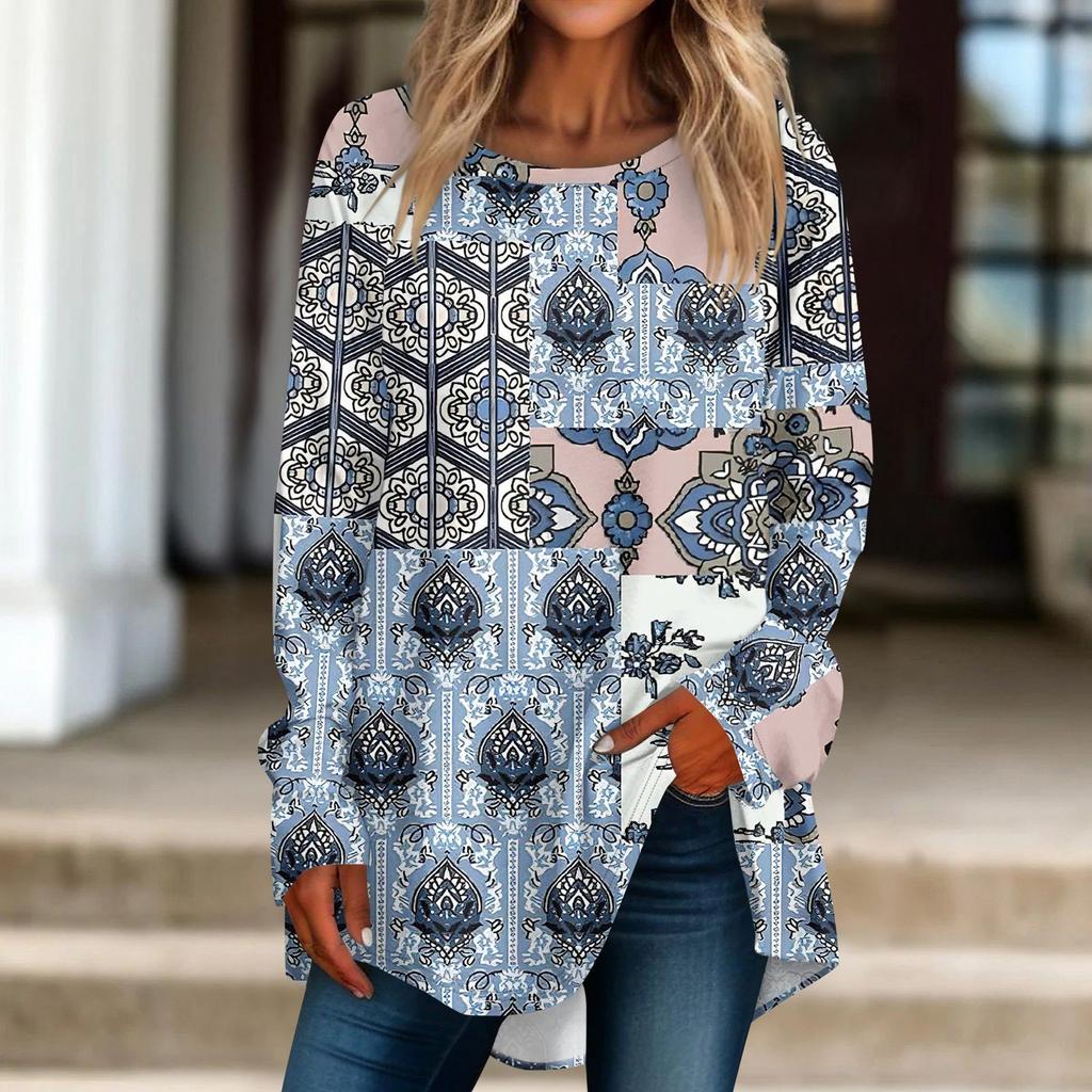 Женская повседневная футболка больших размеров с длинными рукавами и круглым принтом, верхний пуловер