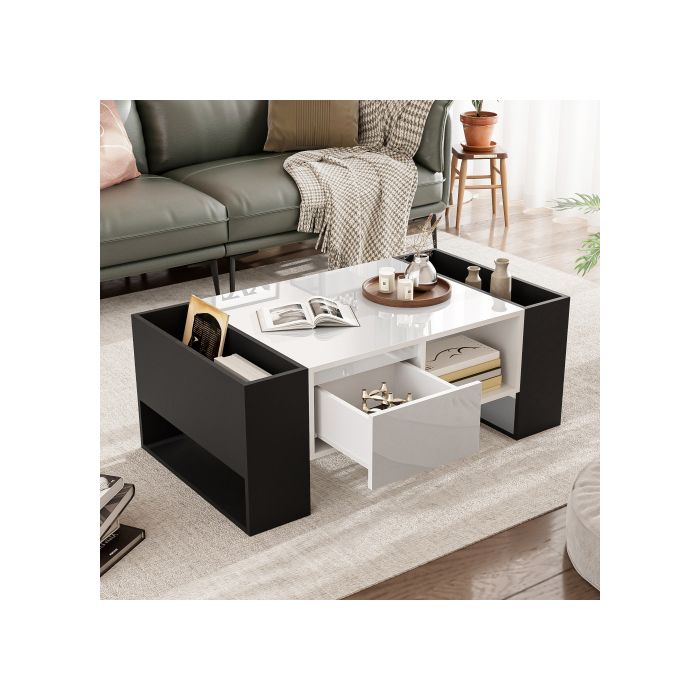 Table basse moderne 105 x 60 x 40,5cm - Design noir et blanc avec finition brillante, tiroir et plateau en bois.