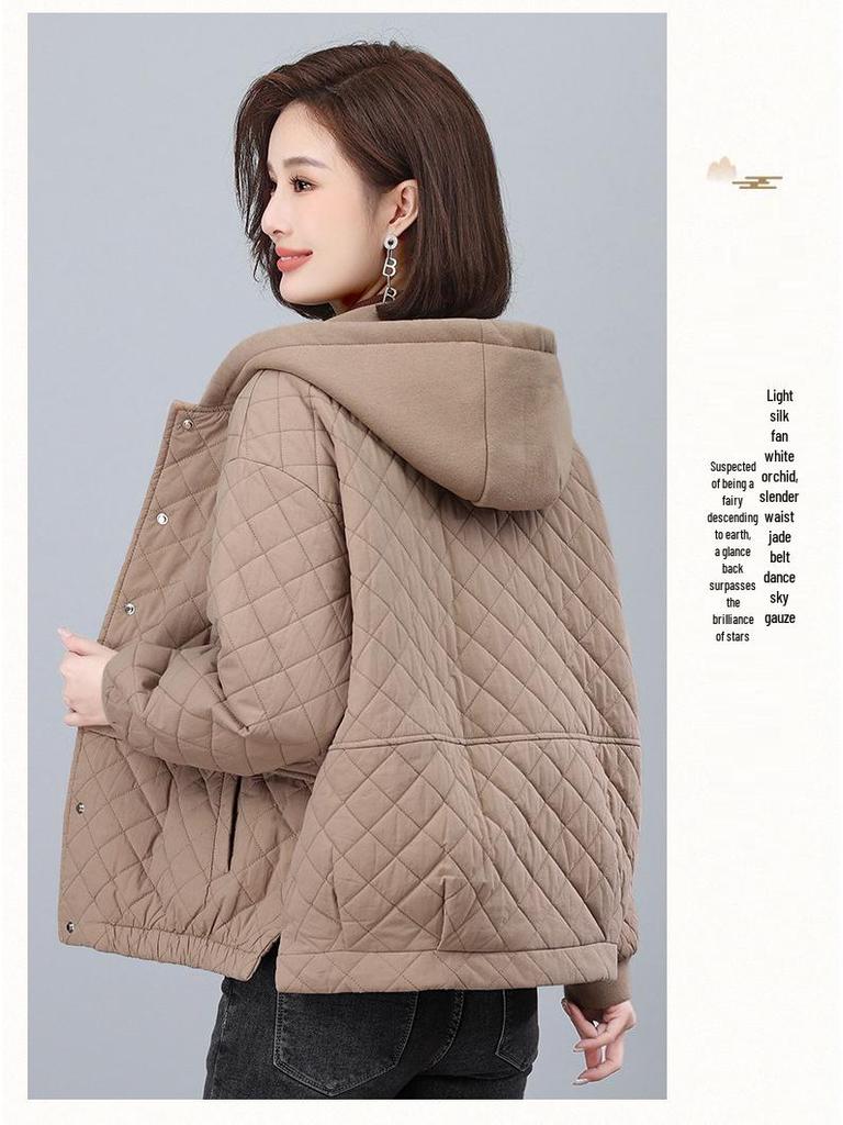Women's Argyle Hooded Cotton Jacket 2024 - Thickened Short Coat for Autumn/Winter, Petite & Middle-Aged Styles