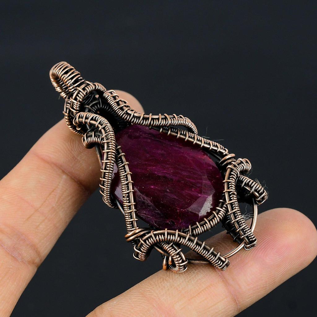 Рубиновый кулон Ювелирные изделия из драгоценных камней, Кулон ручной работы, обернутый медной проволокой 999 пробы, Ювелирные изделия новейшего дизайна