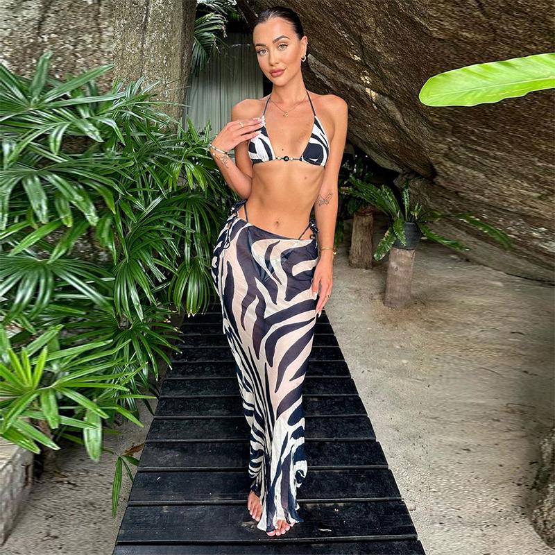 EDOLYNSA сексуальный комплект бикини в полоску зебры из 3 предметов 2024, летняя пляжная одежда, треугольный микро-бикини, купальник, юбка, купальник, накидка A1554