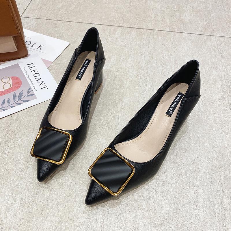 55-Pointed Head Shallow Mouth Single Shoes Square Buckle Commuter Work Shoes Comfortable Thick Heel High Heels Comfortable Height Increase