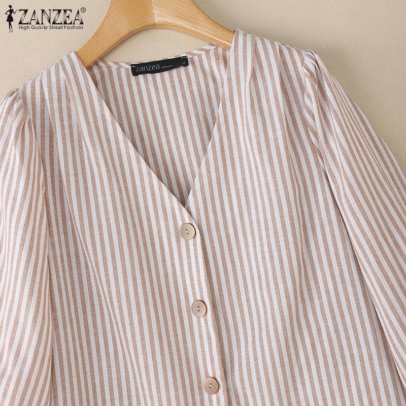 ZANZEA Women Casual V-Neck Loose 3/4 Sleeve Stripe Blouse
