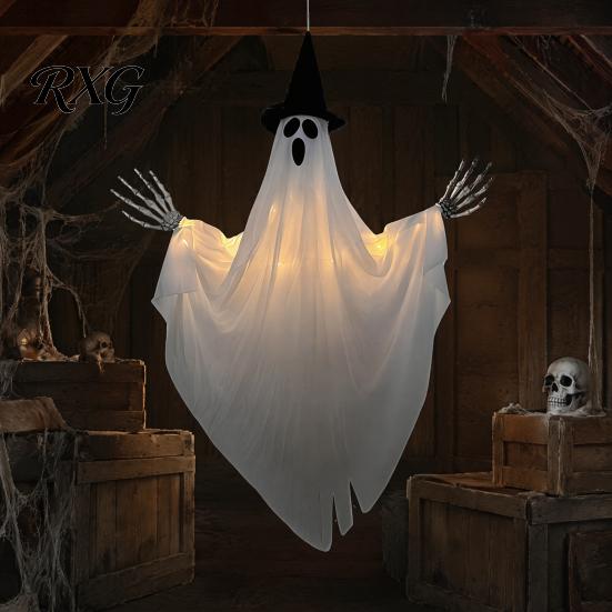 Outdoor Spooky Decor Halloween Hanging Ghost with Witch Hat, Light Up Eerie Glow for Porch Tree, Haunted House Scene Ornament Hat