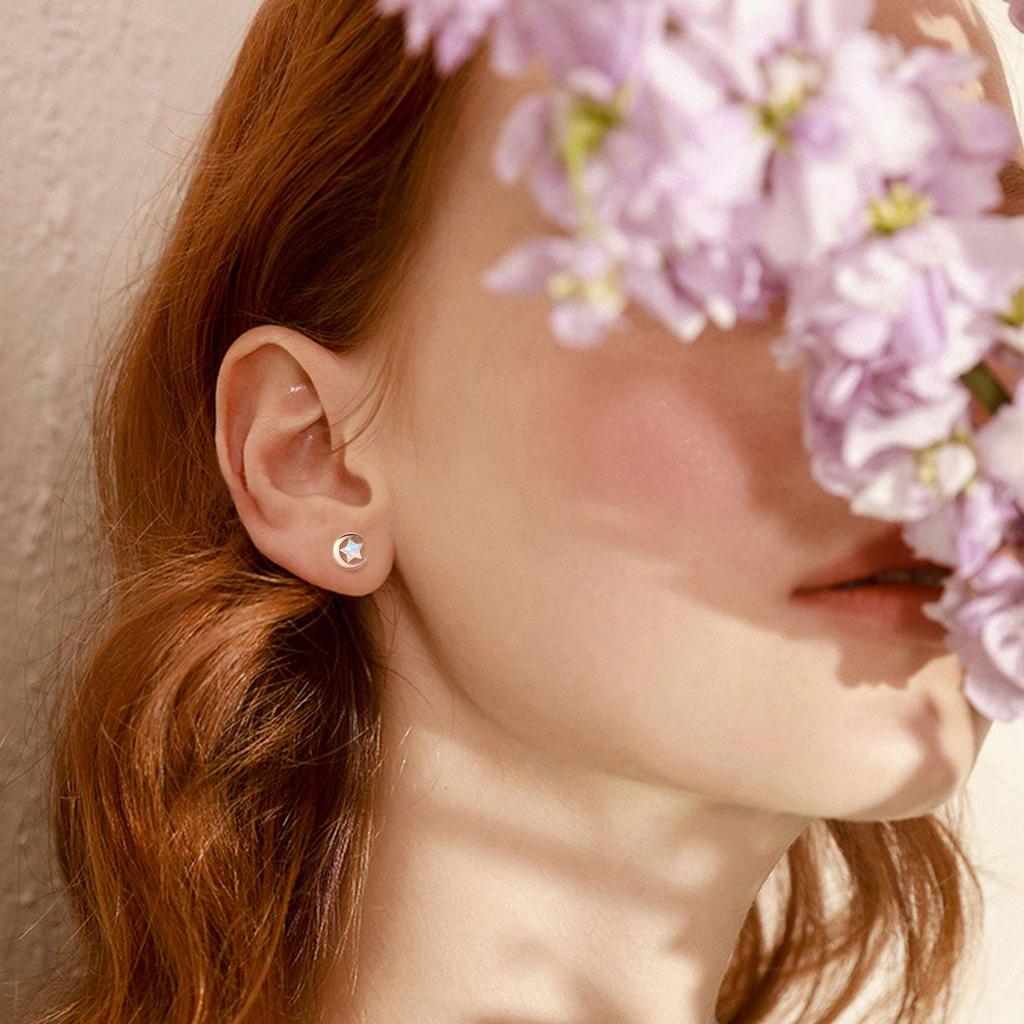 Серьги PEIMKO Star and Moon Cherry Blossom Rainbow Opal Rose Gold Популярные Простые Милые Металлические Гипоаллергенные Серебряные Серьги 925 для обоих ушей