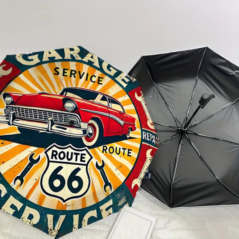 Route 66 Garage Service Repair Wrenches Round Tin Sign - Automatic Opening Umbrella, Portable Folding Design, 8-Bone Iron Frame Outdoor Umbr